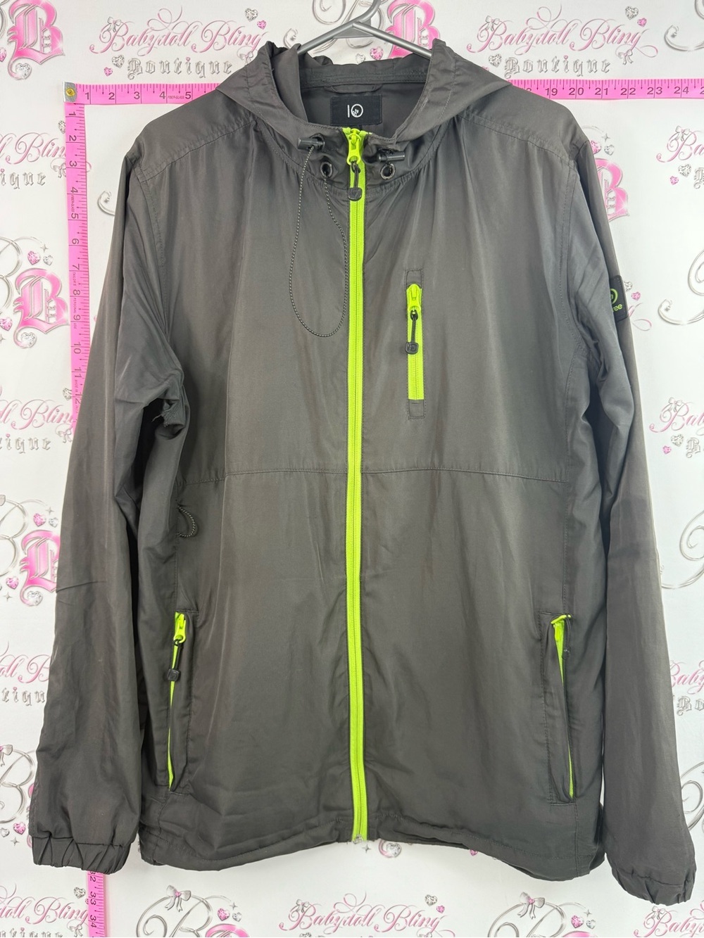 tentree jacket coat zip up Men's Gray Raincoat with Neon Yellow Zippers